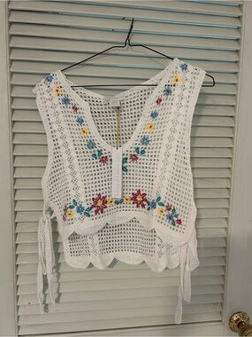 House of Harlow OS 100% cotton crochet flower tank top NWT tie sides